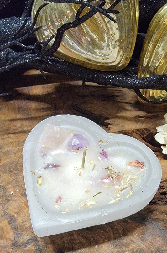 Selenite Heart Love Spell Candle, Selenite, Rose Quartz, Amethyst, Heart Candle Bowl, Love Spell Candle,