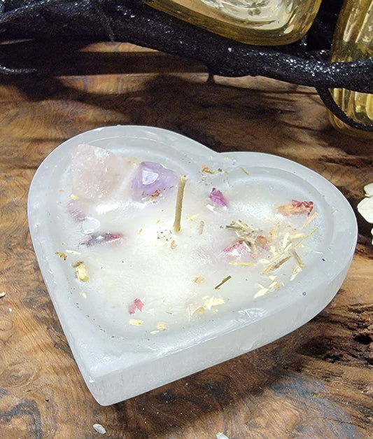 Selenite Heart Love Spell Candle, Selenite, Rose Quartz, Amethyst, Heart Candle Bowl, Love Spell Candle,