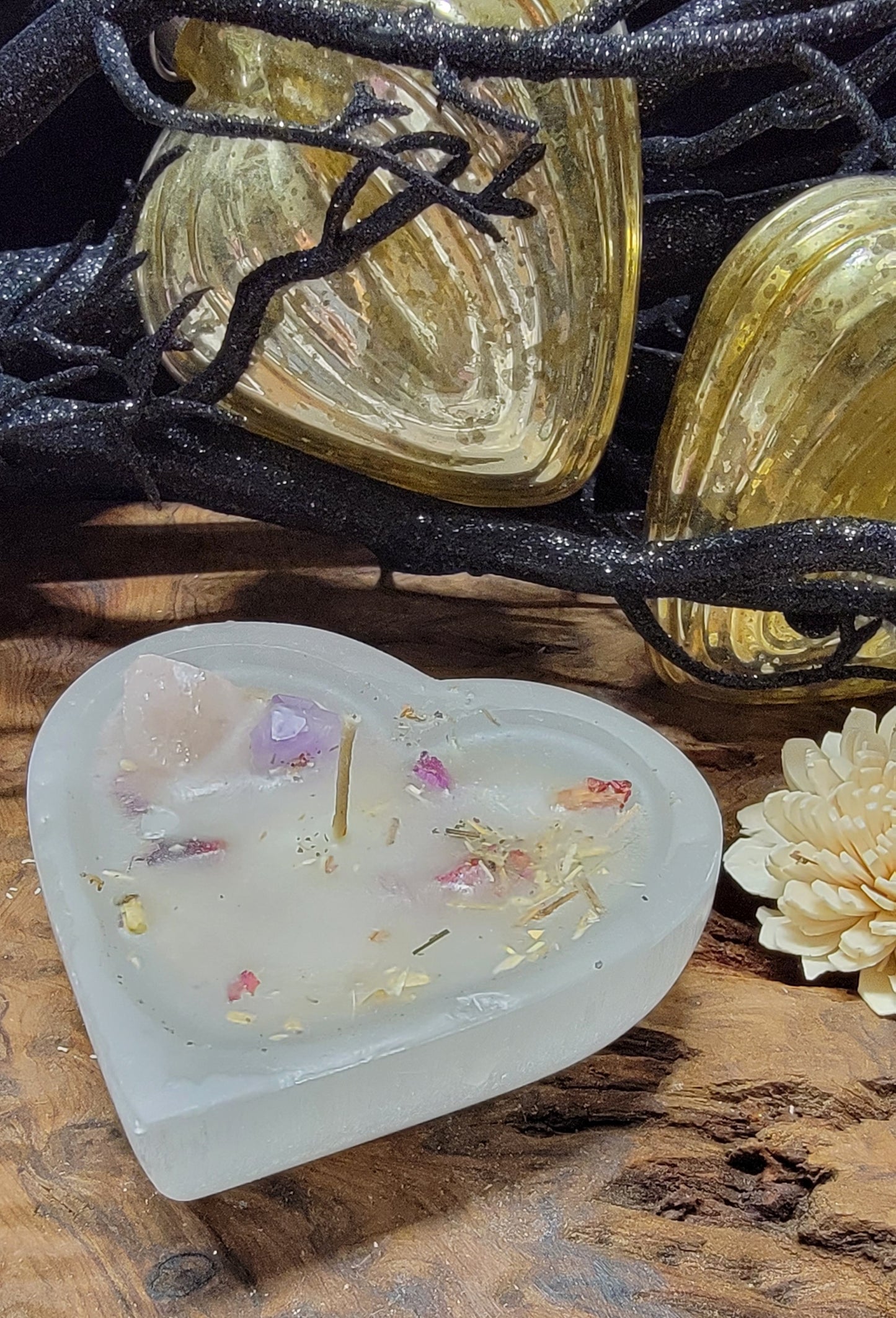 Selenite Heart Love Spell Candle, Selenite, Rose Quartz, Amethyst, Heart Candle Bowl, Love Spell Candle,