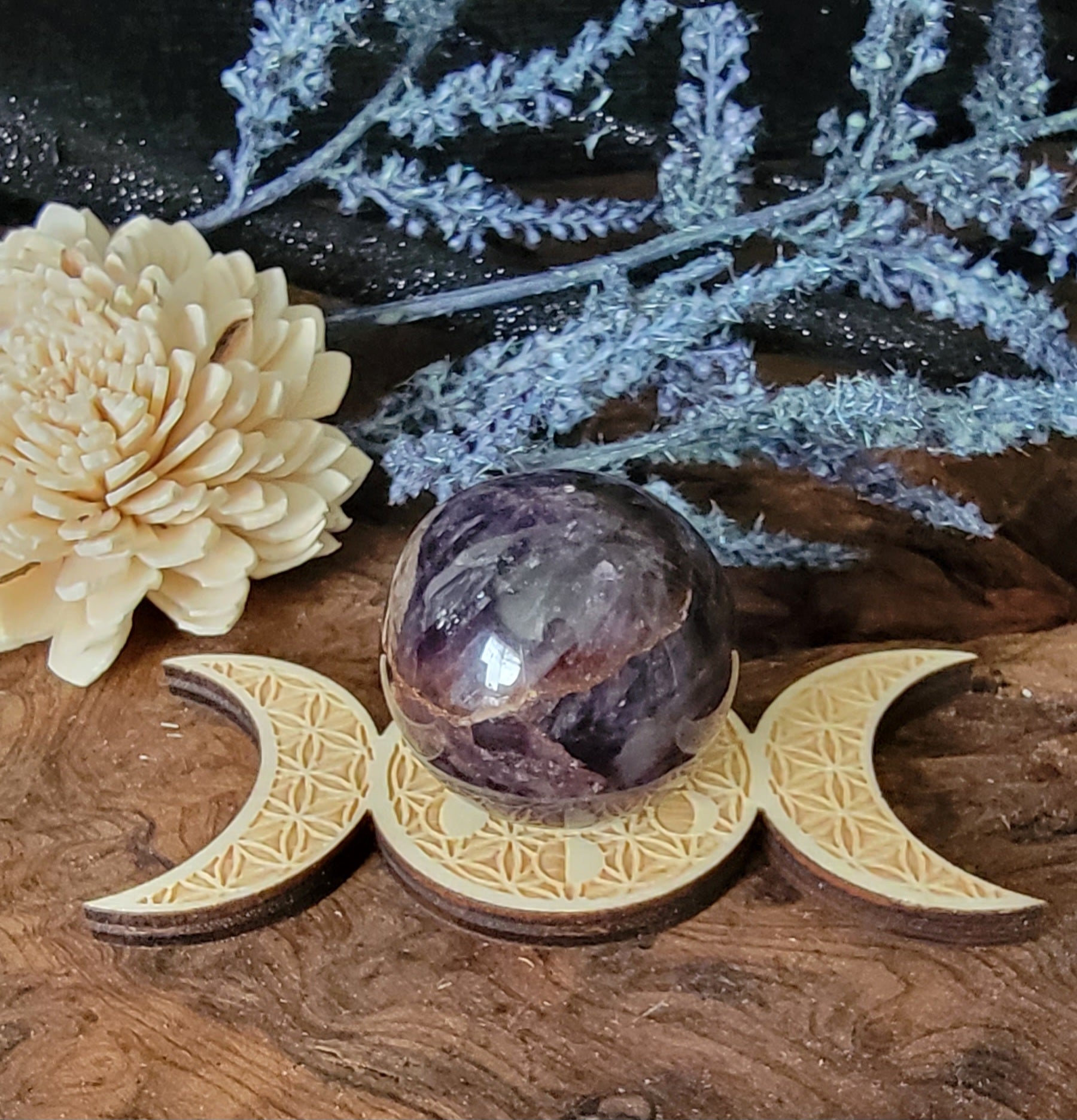 Midnight purple amethyst, crystal spear on a wooden triple moon spear holder