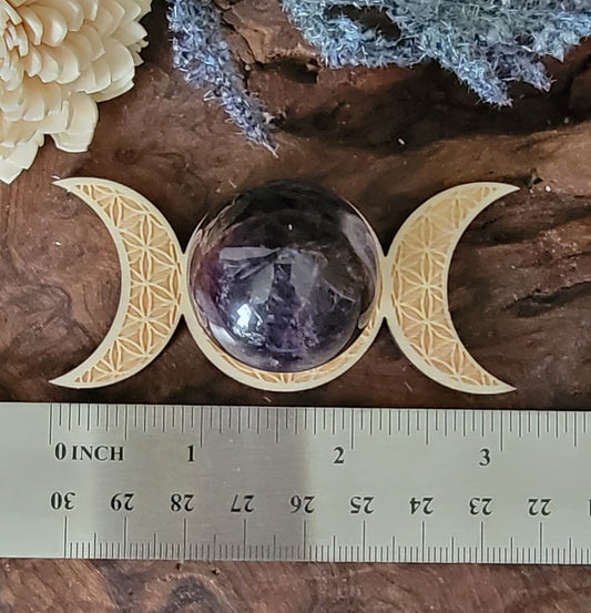 Midnight Purple Dark Amethyst Crystal Ball on Engraved Wood Stand, Dark Purple Amethyst Crystal Ball, Triple Moon, Moon Phase,