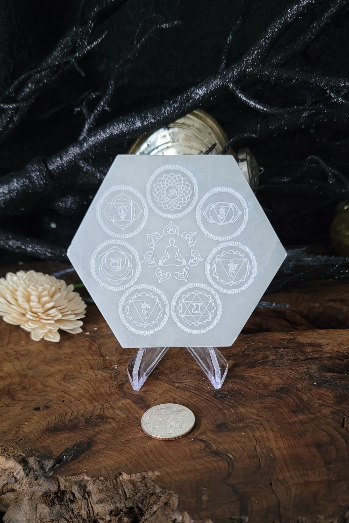 Chakra Crystal Grid Selenite Plate, Yoga Selenite Plate, Yoga Crystal Grid, Chakra Selenite Plate, Sacred Geometry