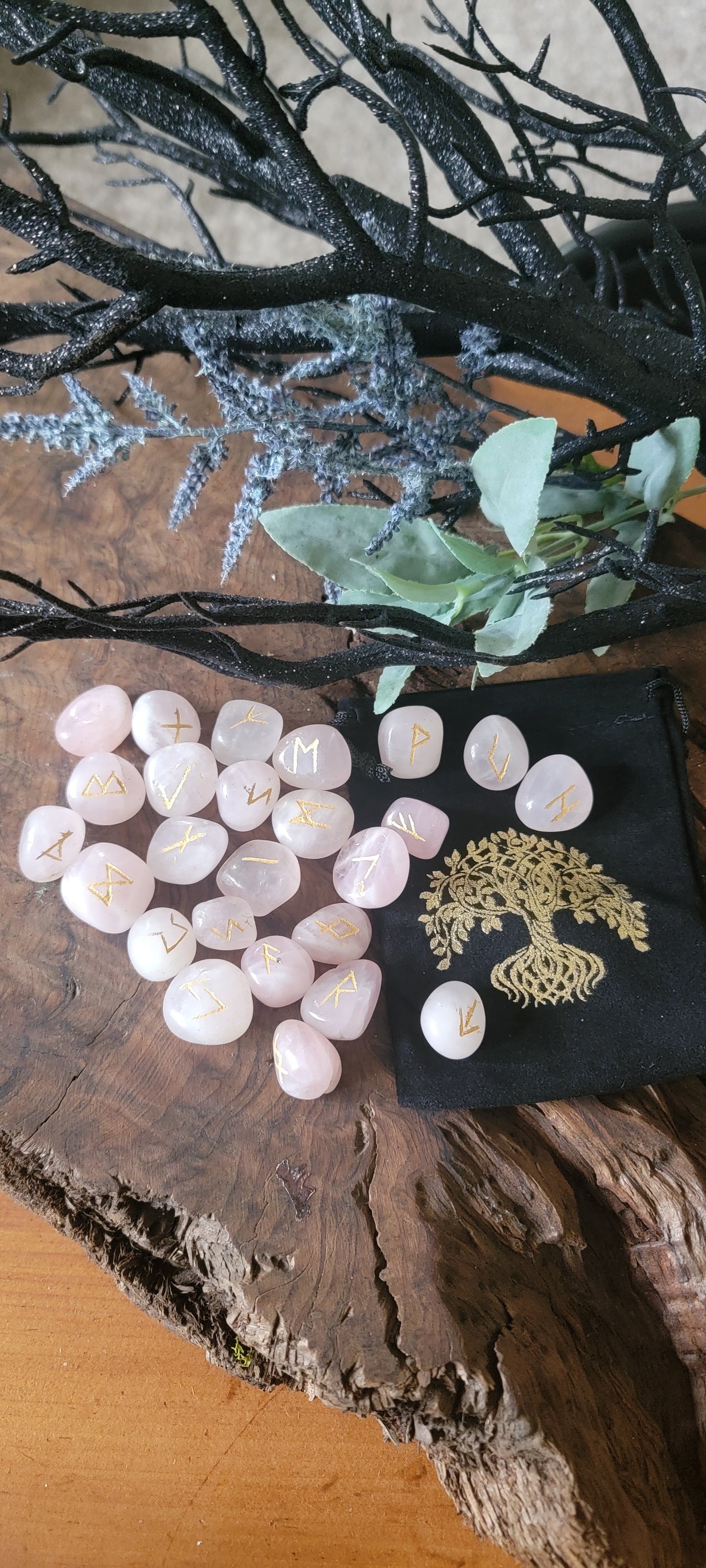 Rose Quartz Rune Set with Tree of Life velveteen bag, Crystal Rune Set, Rose Quartz Runes, Travel Crystal Runes, Rose Quartz Divination Rune