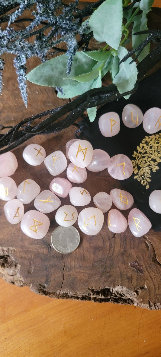 Rose Quartz Rune Set with Tree of Life velveteen bag, Crystal Rune Set, Rose Quartz Runes, Travel Crystal Runes, Rose Quartz Divination Rune