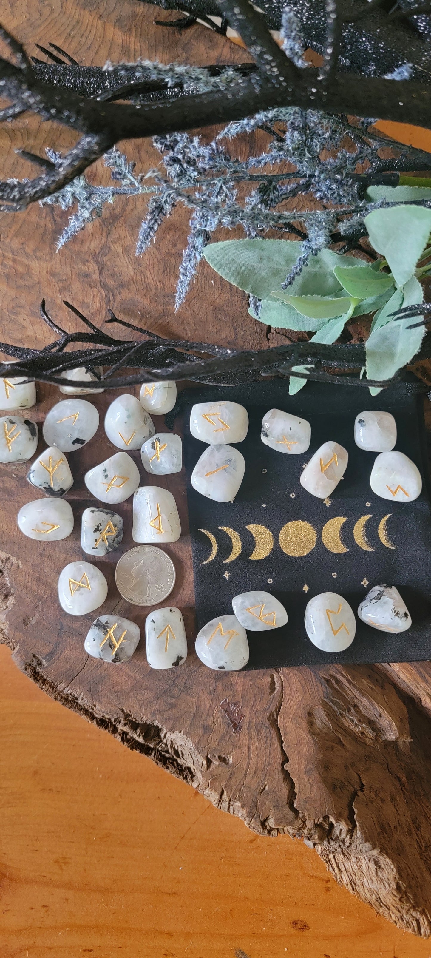 Rainbow Moonstone Rune Set with Moon Phase velveteen bag, Crystal Rune Set, Moonstone Runes, Travel Crystal Runes,