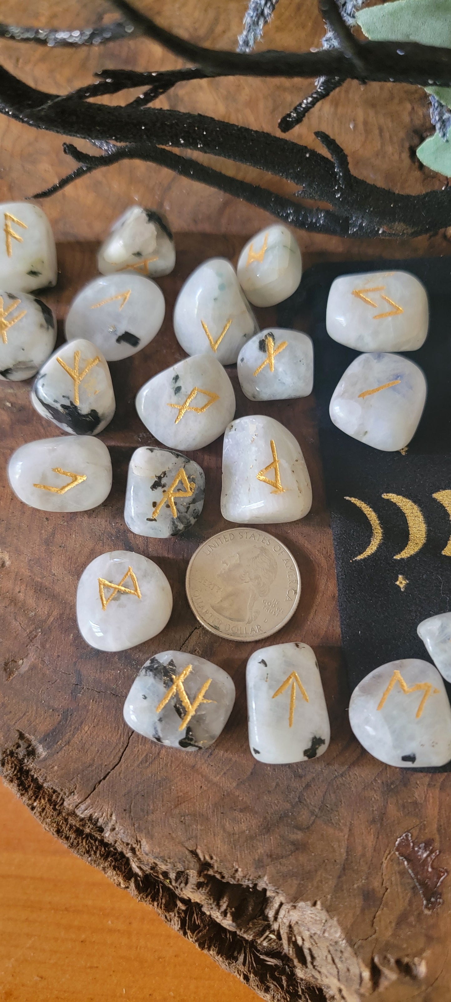 Rainbow Moonstone Rune Set with Moon Phase velveteen bag, Crystal Rune Set, Moonstone Runes, Travel Crystal Runes,