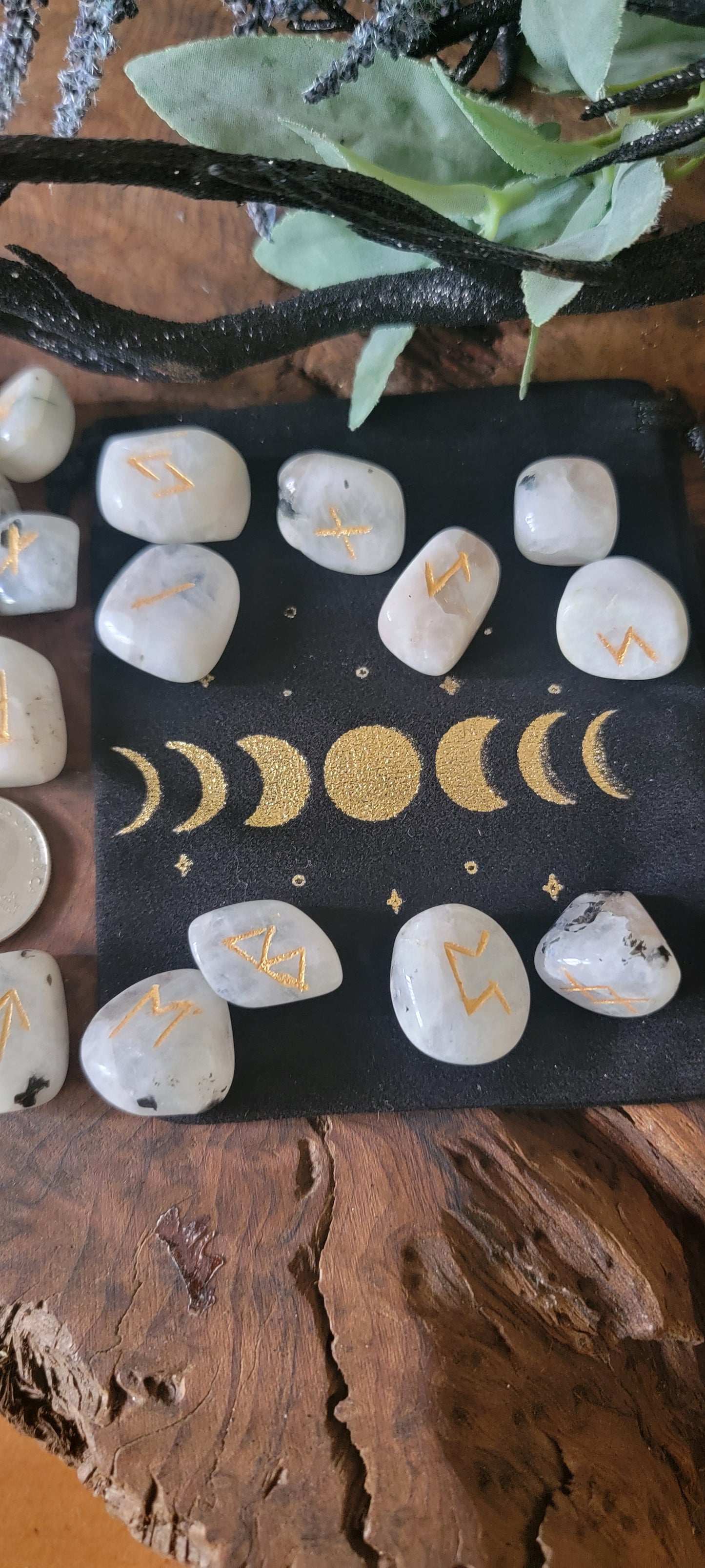 Rainbow Moonstone Rune Set with Moon Phase velveteen bag, Crystal Rune Set, Moonstone Runes, Travel Crystal Runes,