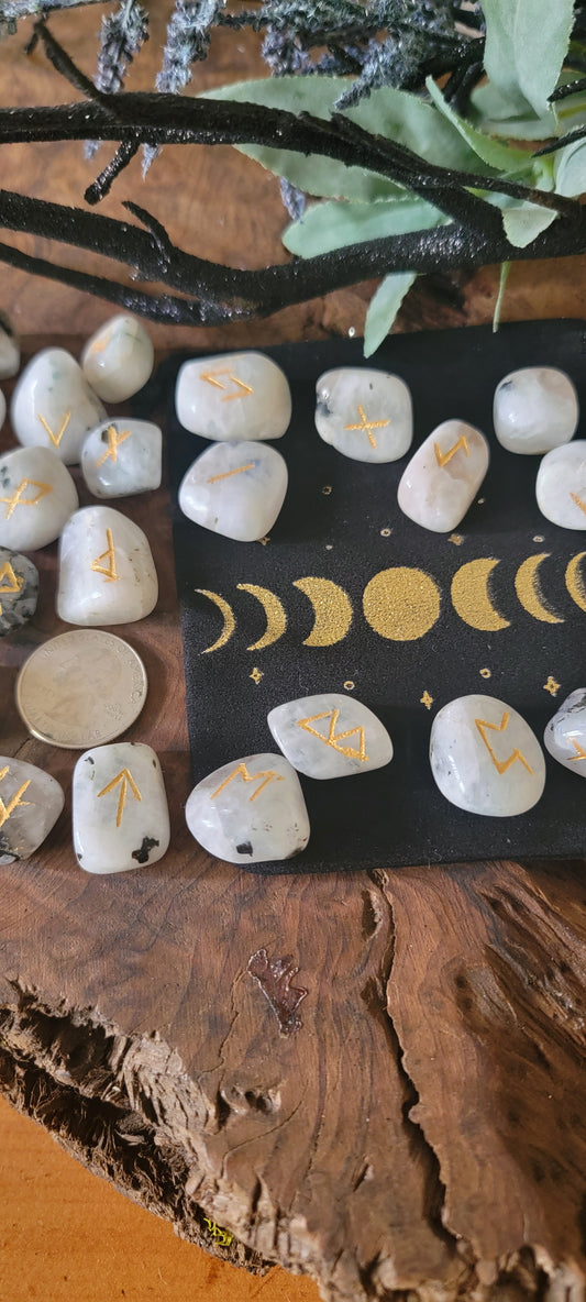 Rainbow Moonstone Rune Set with Moon Phase velveteen bag, Crystal Rune Set, Moonstone Runes, Travel Crystal Runes,