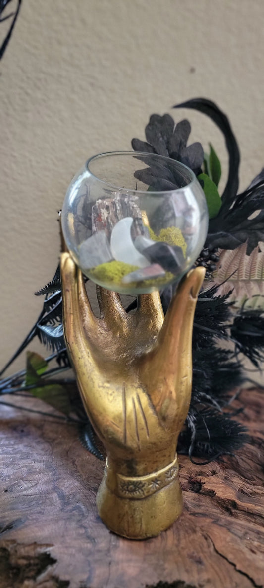 Mystic Hand Crystal Terrarium – Witchy Decor with Crystals, Moss & Intention Energy