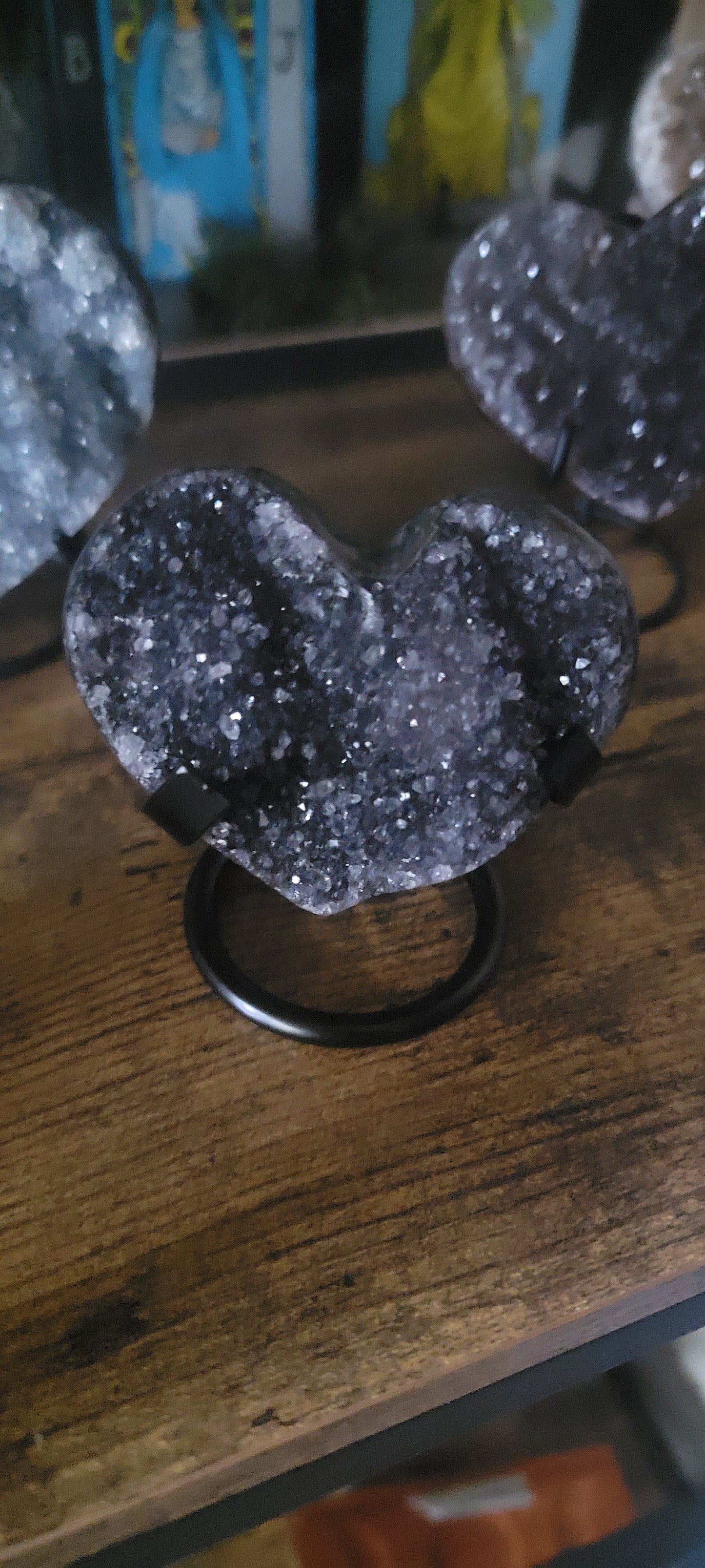 Brazilian Amethyst Druzy Heart with metal stand, Black Amethyst Druzy Heart with metal stand, Citrine Druzy Heart with metal stand,