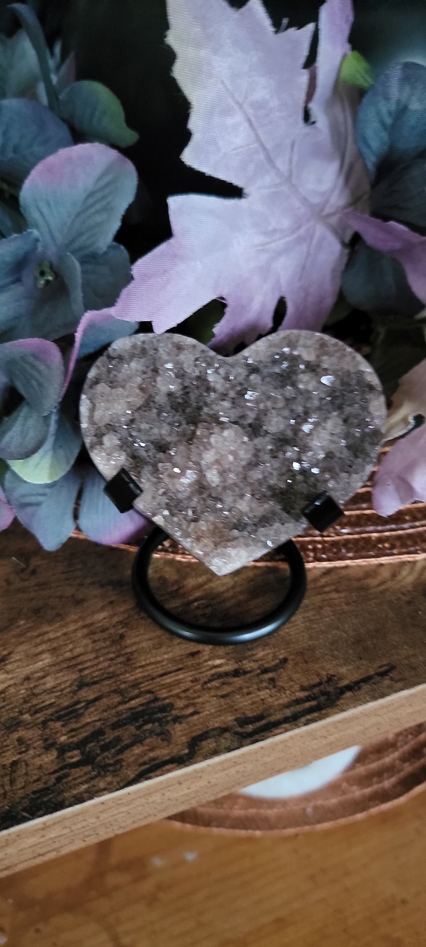 Brazilian Amethyst Druzy Heart with metal stand, Black Amethyst Druzy Heart with metal stand, Citrine Druzy Heart with metal stand,