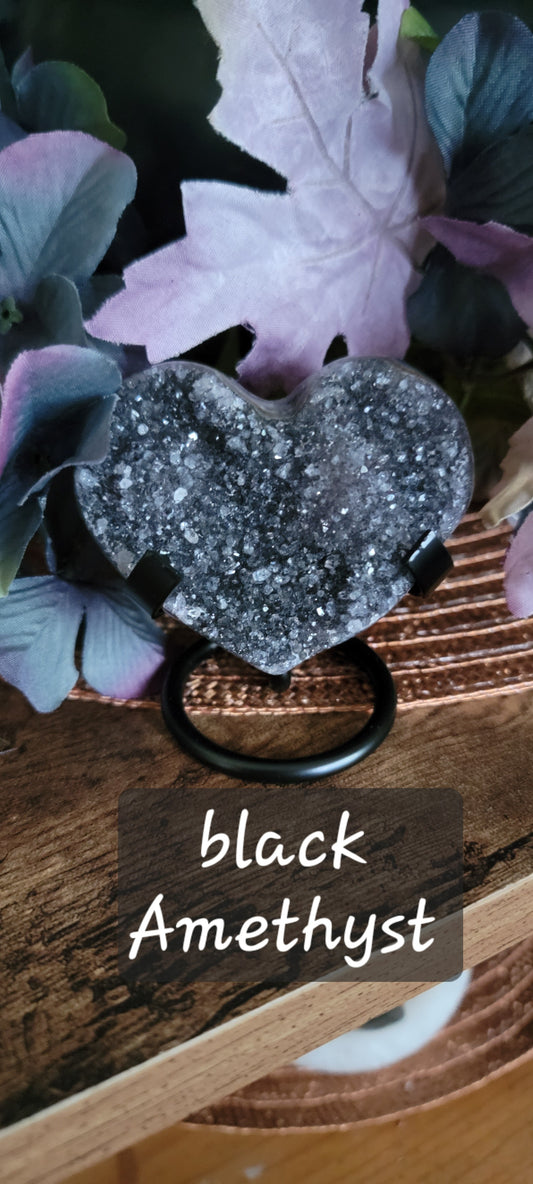 Brazilian Amethyst Druzy Heart with metal stand, Black Amethyst Druzy Heart with metal stand, Citrine Druzy Heart with metal stand,