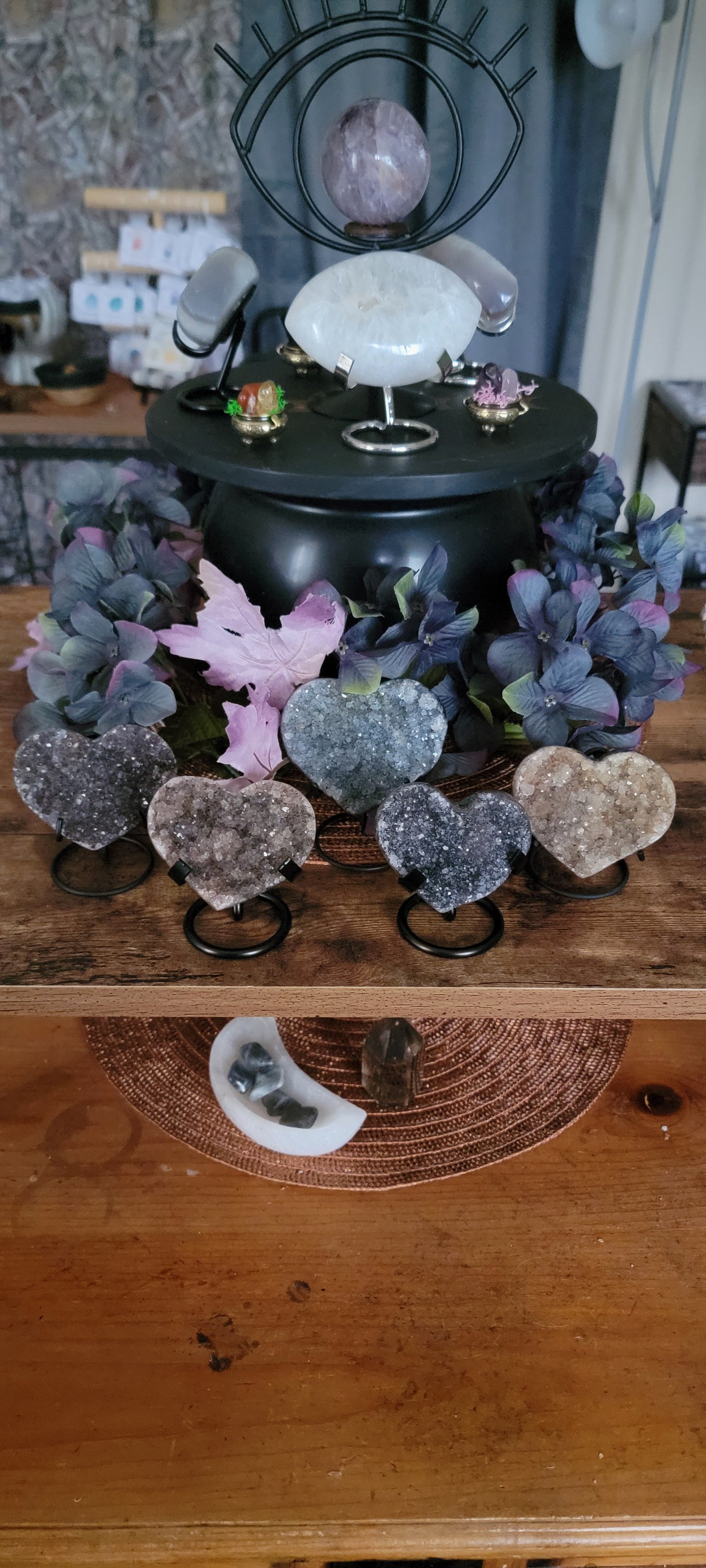 Brazilian Amethyst Druzy Heart with metal stand, Black Amethyst Druzy Heart with metal stand, Citrine Druzy Heart with metal stand,