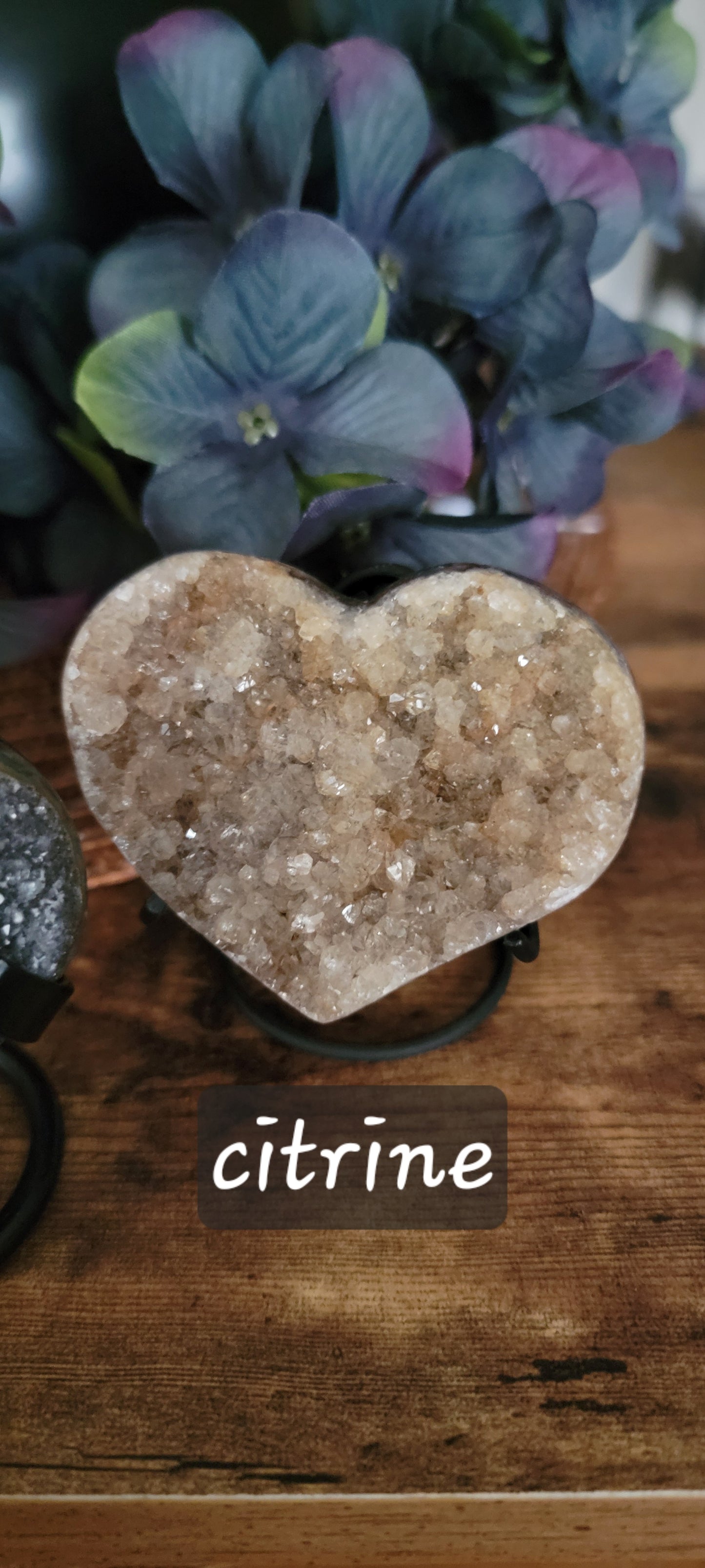 Brazilian Amethyst Druzy Heart with metal stand, Black Amethyst Druzy Heart with metal stand, Citrine Druzy Heart with metal stand,