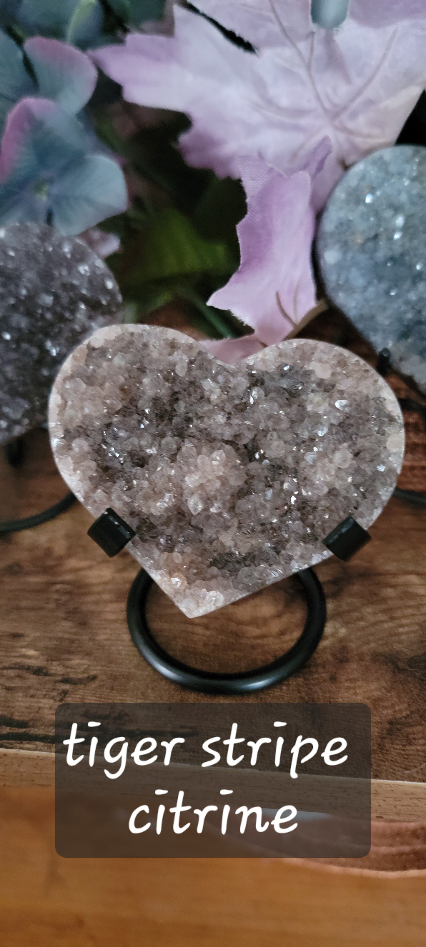 Brazilian Amethyst Druzy Heart with metal stand, Black Amethyst Druzy Heart with metal stand, Citrine Druzy Heart with metal stand,