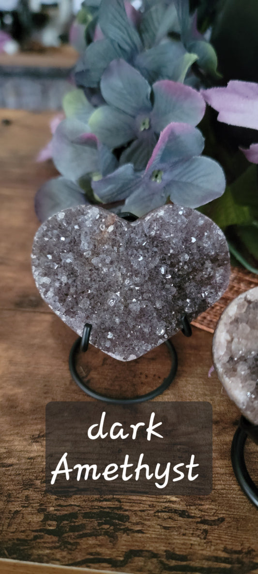 Brazilian Amethyst Druzy Heart with metal stand, Black Amethyst Druzy Heart with metal stand, Citrine Druzy Heart with metal stand,