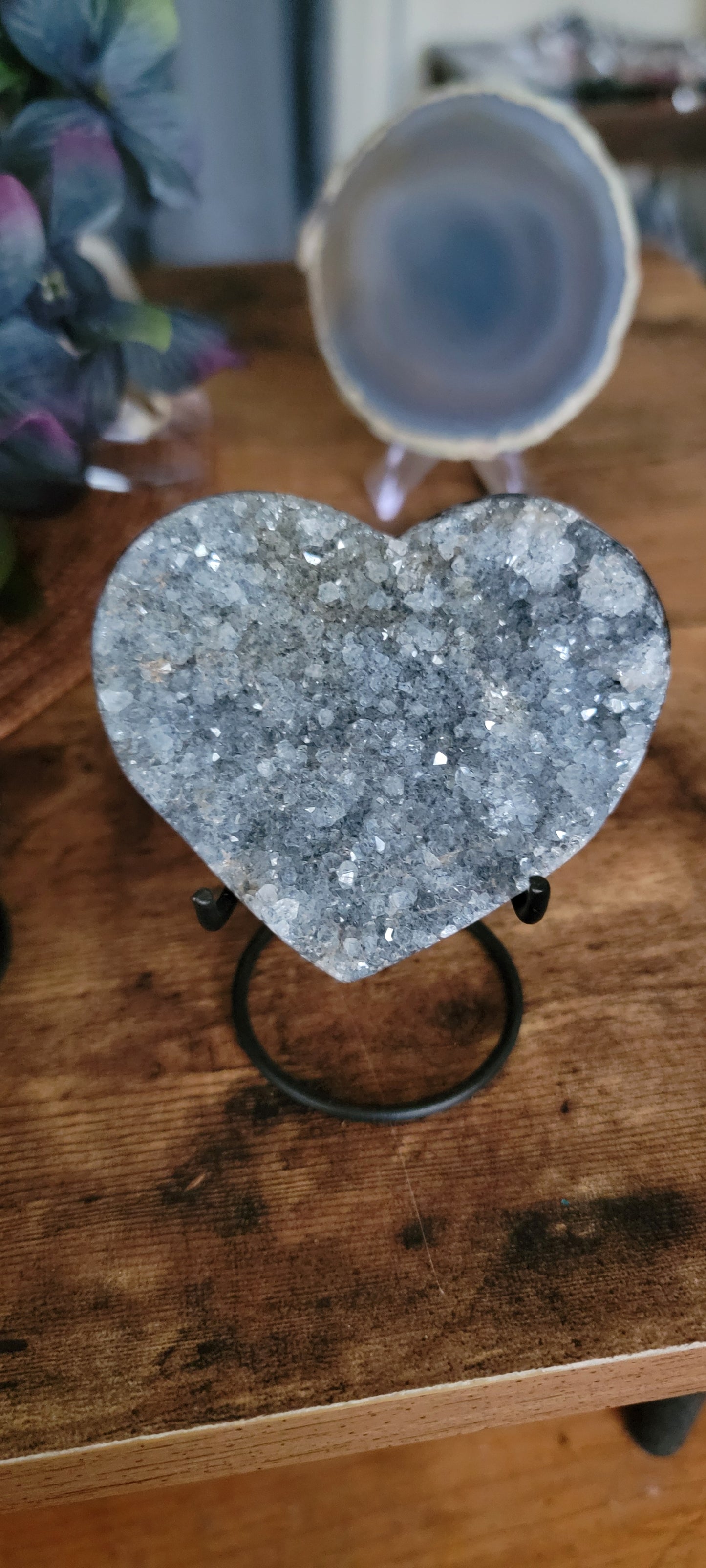 Brazilian Amethyst Druzy Heart with metal stand, Black Amethyst Druzy Heart with metal stand, Citrine Druzy Heart with metal stand,