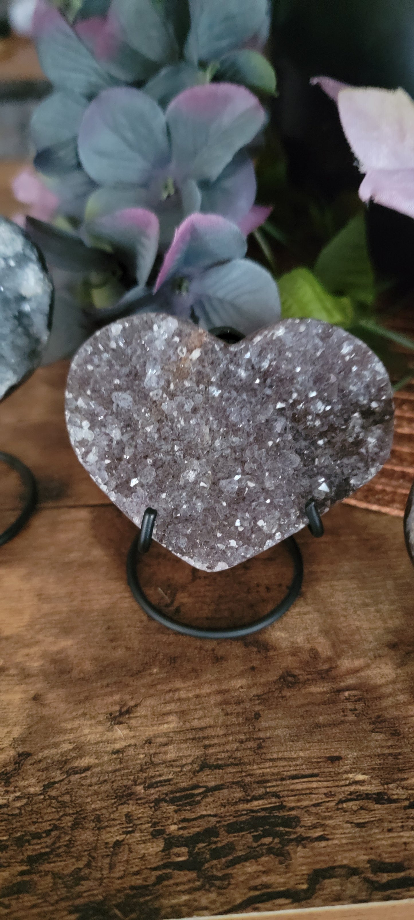 Brazilian Amethyst Druzy Heart with metal stand, Black Amethyst Druzy Heart with metal stand, Citrine Druzy Heart with metal stand,