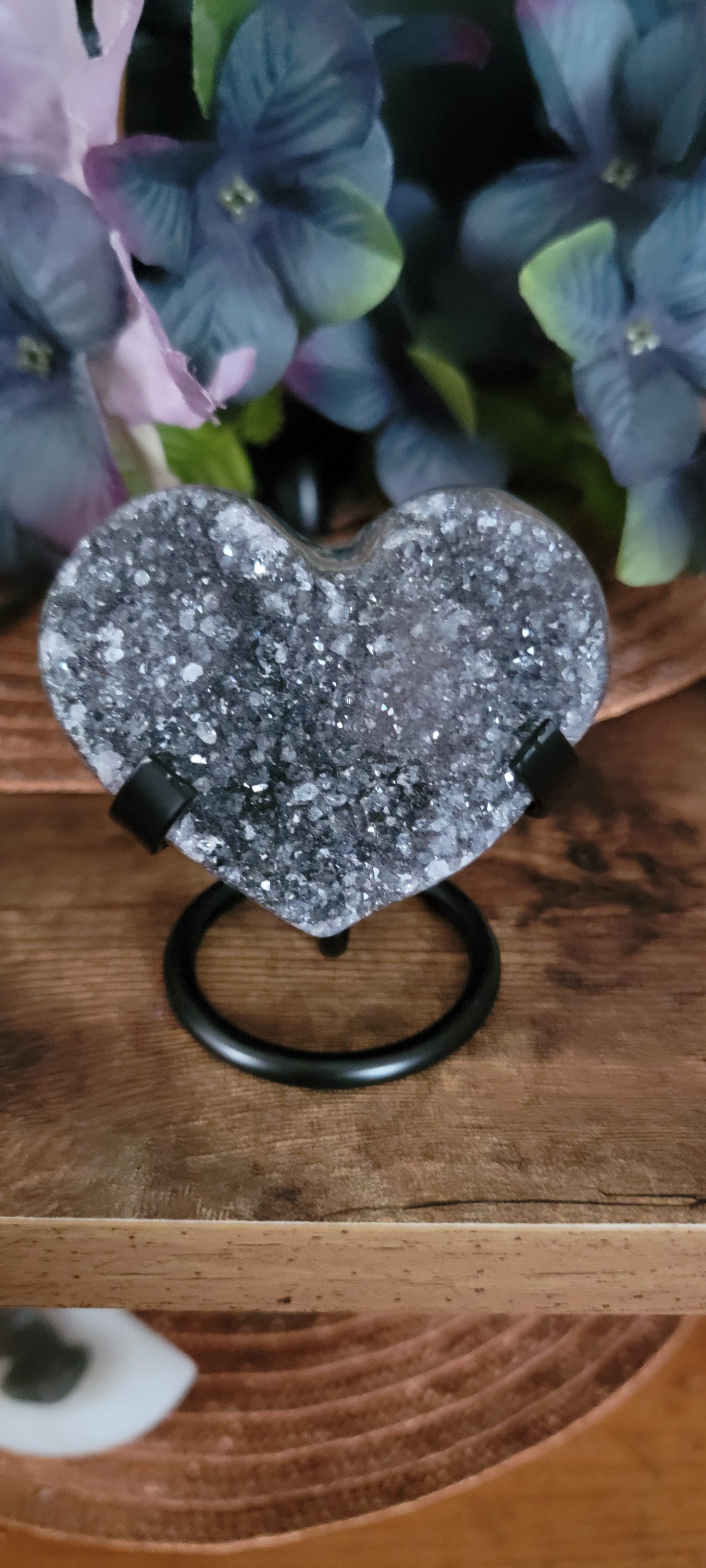 Brazilian Amethyst Druzy Heart with metal stand, Black Amethyst Druzy Heart with metal stand, Citrine Druzy Heart with metal stand,