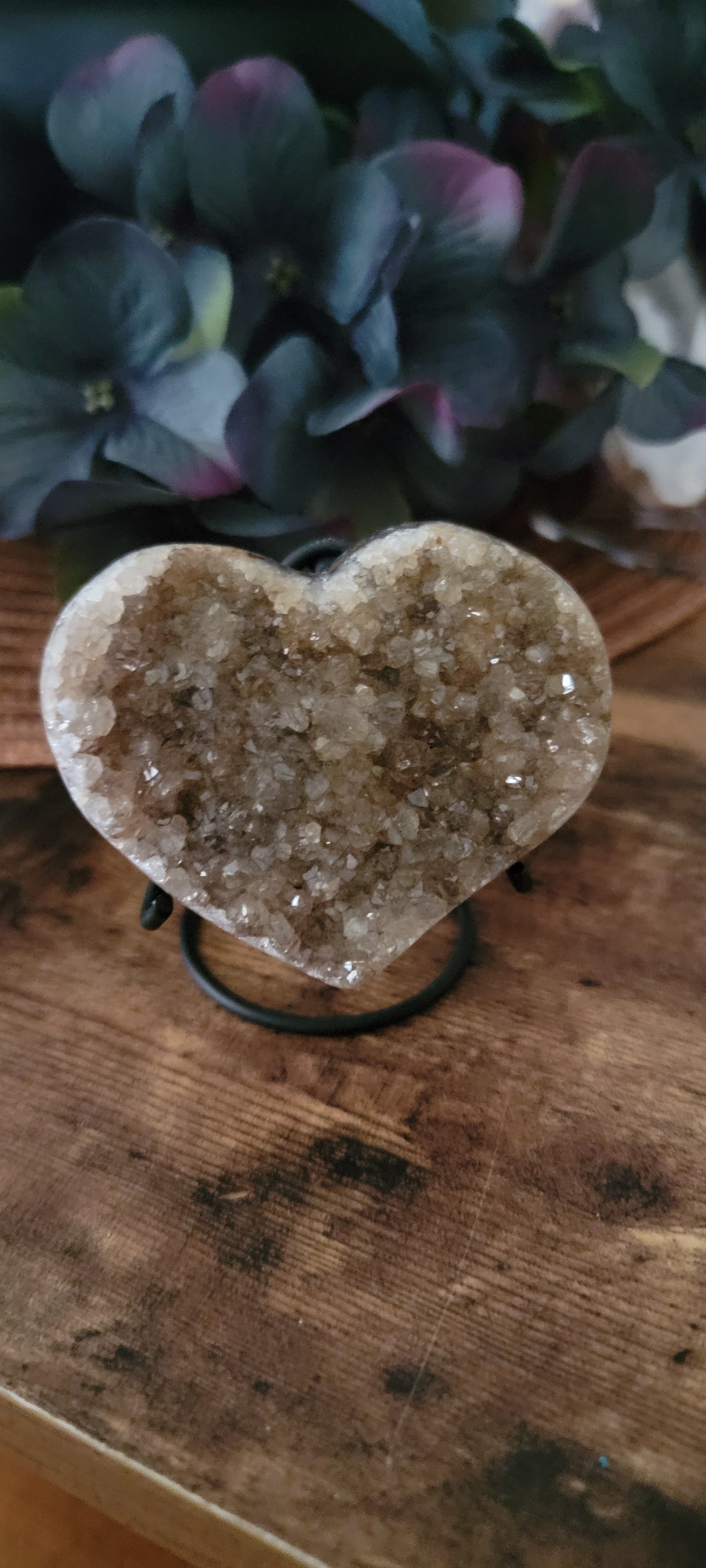 Brazilian Amethyst Druzy Heart with metal stand, Black Amethyst Druzy Heart with metal stand, Citrine Druzy Heart with metal stand,