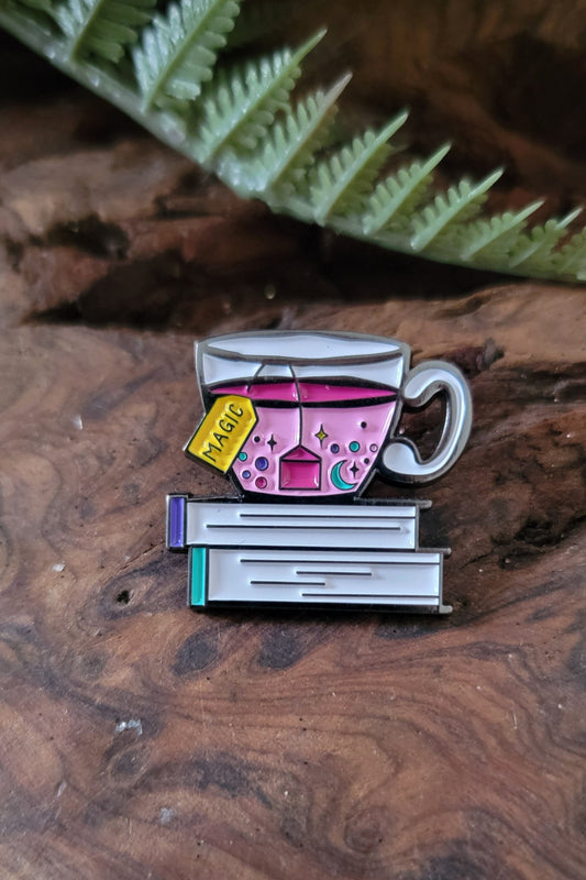 Magic Tea Cup Enamel Pin, Tea and Books Enamel Pin, Book Enamel Pin, Reader Enamel Pin