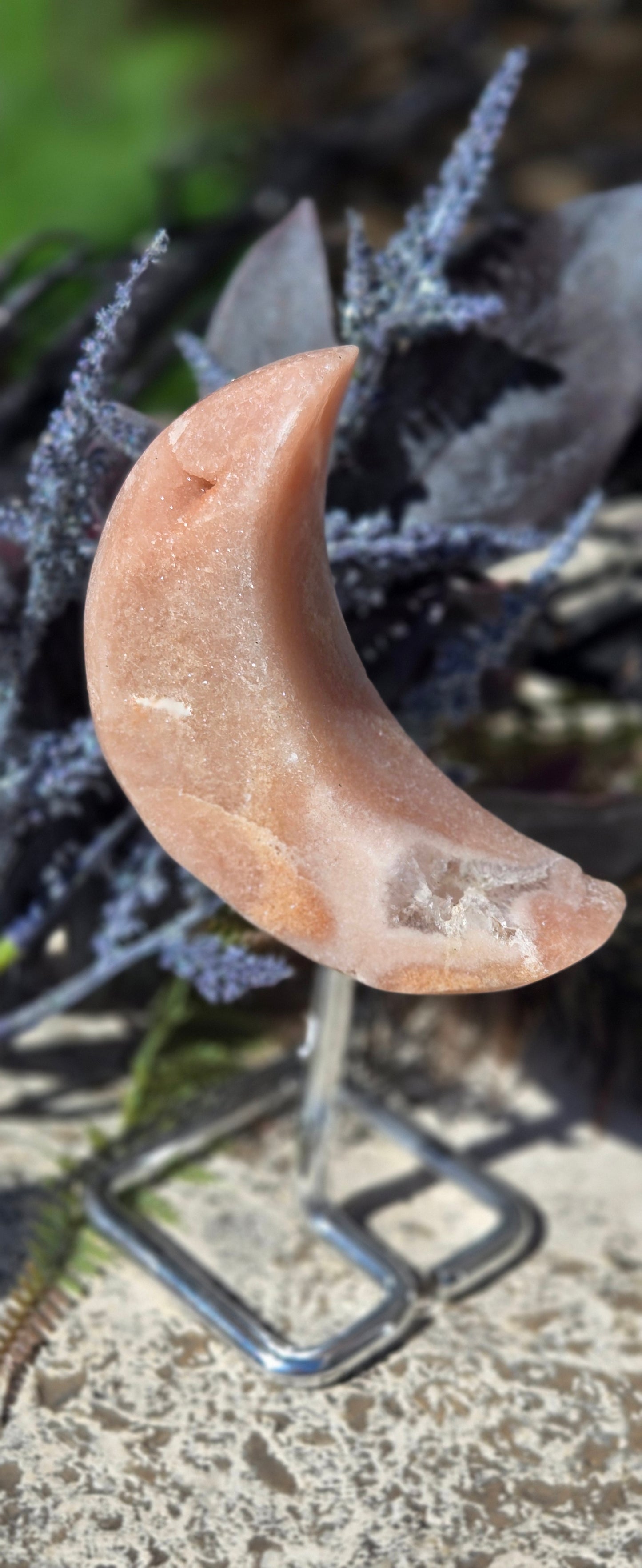 Brazilian Pink Amethyst Crescent Moon, Druzy Pink Amethyst Moon on Stand
