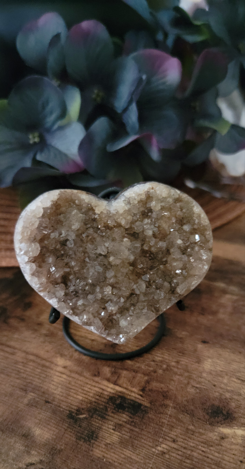 Brazilian Amethyst Druzy Heart with metal stand, Black Amethyst Druzy Heart with metal stand, Citrine Druzy Heart with metal stand,