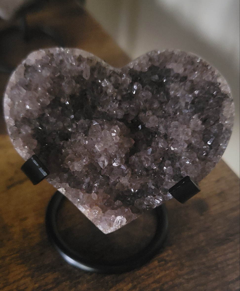 Brazilian Amethyst Druzy Heart with metal stand, Black Amethyst Druzy Heart with metal stand, Citrine Druzy Heart with metal stand,