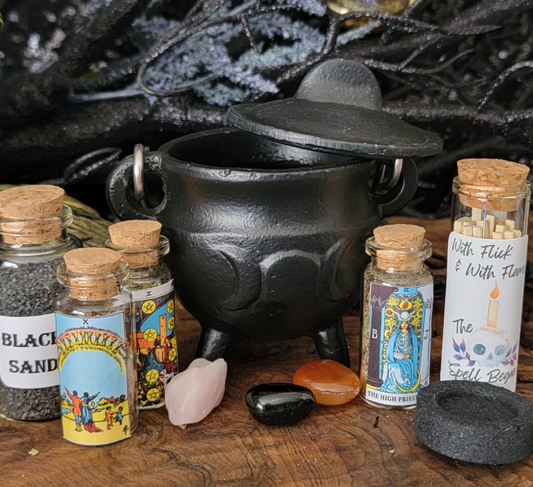 Cast Iron Cauldron Baby Witch Kit – 3" Potbelly Cast Iron Cauldron Starter Spell Kit for Beginners