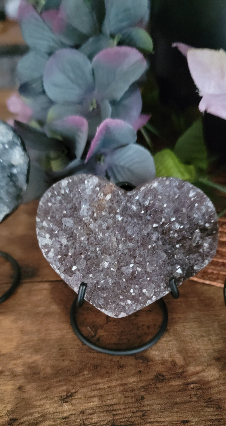 Brazilian Amethyst Druzy Heart with metal stand, Black Amethyst Druzy Heart with metal stand, Citrine Druzy Heart with metal stand,