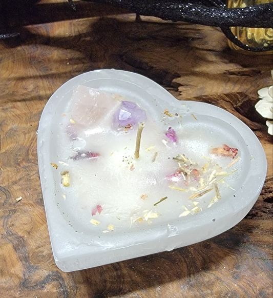 Selenite Heart Love Spell Candle, Selenite, Rose Quartz, Amethyst, Heart Candle Bowl, Love Spell Candle,