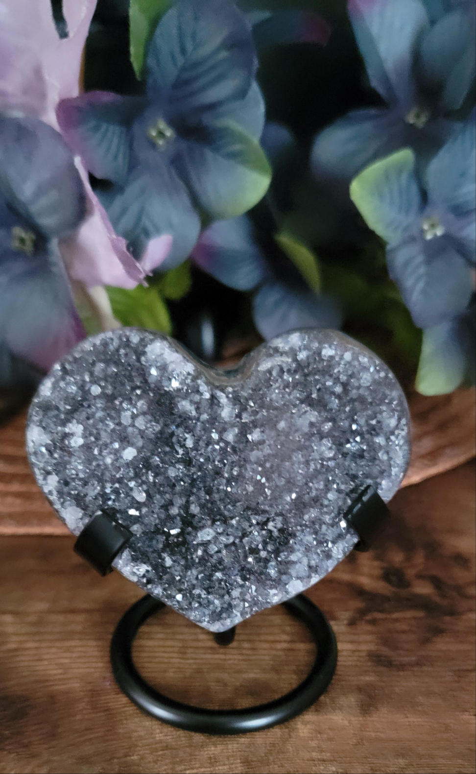 Brazilian Amethyst Druzy Heart with metal stand, Black Amethyst Druzy Heart with metal stand, Citrine Druzy Heart with metal stand,