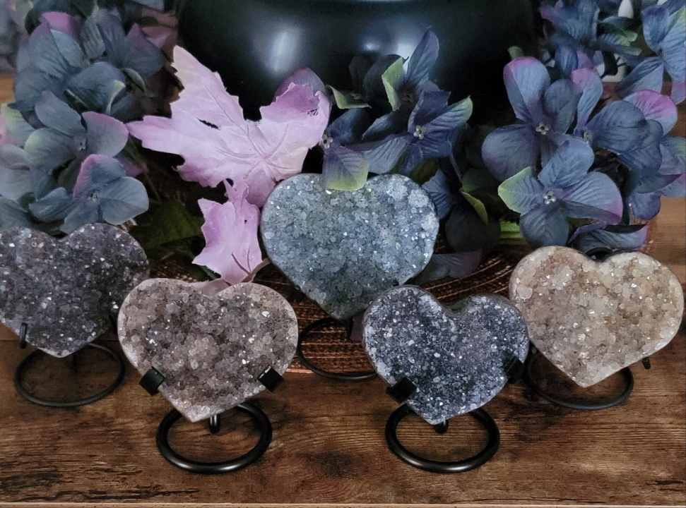 Brazilian Amethyst Druzy Heart with metal stand, Black Amethyst Druzy Heart with metal stand, Citrine Druzy Heart with metal stand,