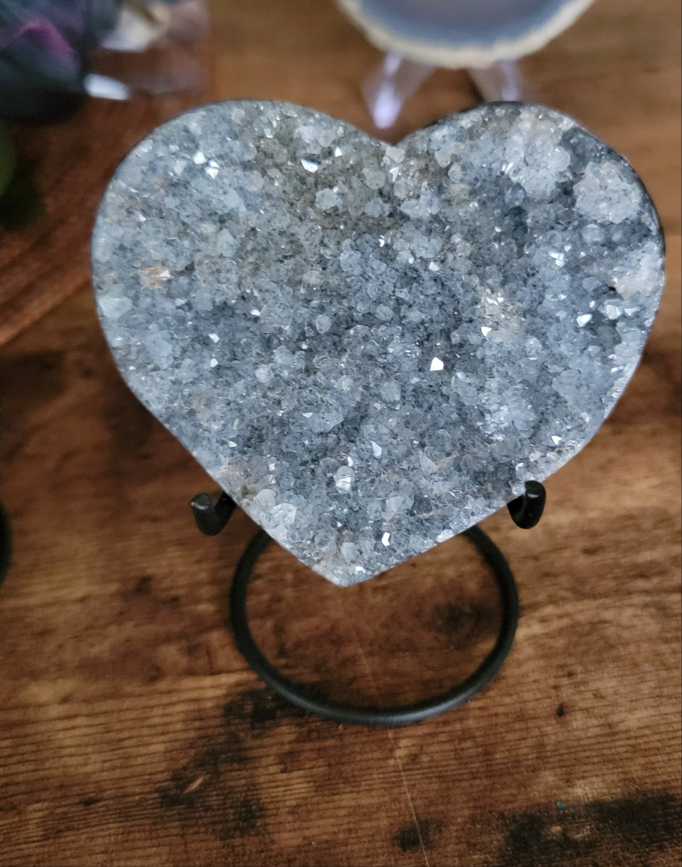 Brazilian Amethyst Druzy Heart with metal stand, Black Amethyst Druzy Heart with metal stand, Citrine Druzy Heart with metal stand,