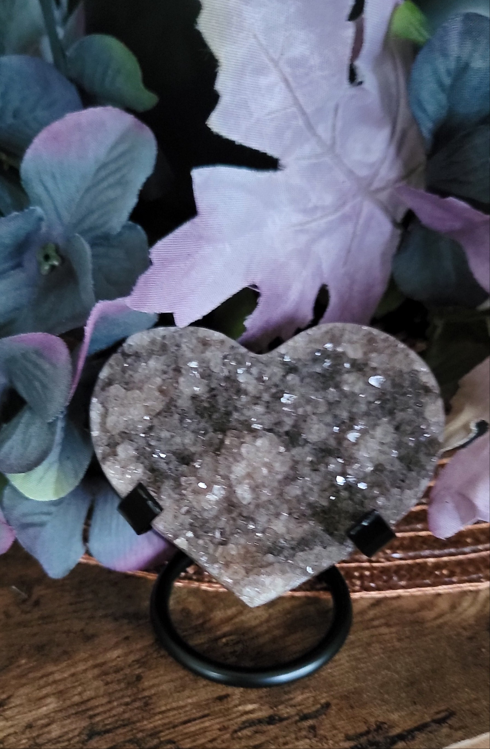 Brazilian Amethyst Druzy Heart with metal stand, Black Amethyst Druzy Heart with metal stand, Citrine Druzy Heart with metal stand,