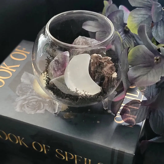 Glass Cauldron Crystal Terrarium – Witchy Spelled Intention Decor with Herbs & Crystals