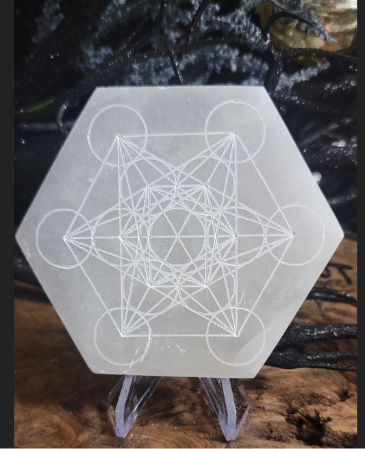 Hexagon Selenite Plate with sacred geometry crystal grid engraved
