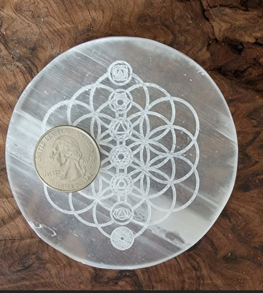 Flower of Life Chakra Selenite Plate, Yoga Selenite Plate, Chakra Selenite ,  Flower of Life  Selenite Plate, Chakra Crystal Charging plate