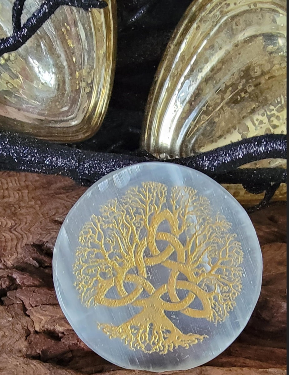 Golden Triquetra Tree of Life printed Selenite Charging Disc.