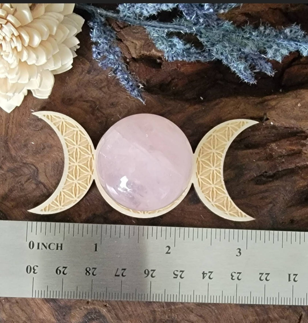 Rose Quartz Crystal Ball with Engraved Wood Stand– Triple Moon or Moon Phase Sphere Stand with Sphere