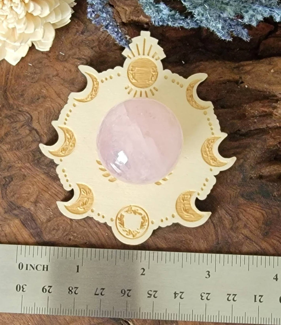 Rose Quartz Crystal Ball with Engraved Wood Stand, Triple Moon Stand, Moon Phase Stand, Crystal Ball Stand, Crystal Stand