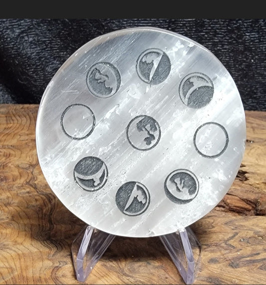 Round Selenite Plate with lunar phase engraved in black