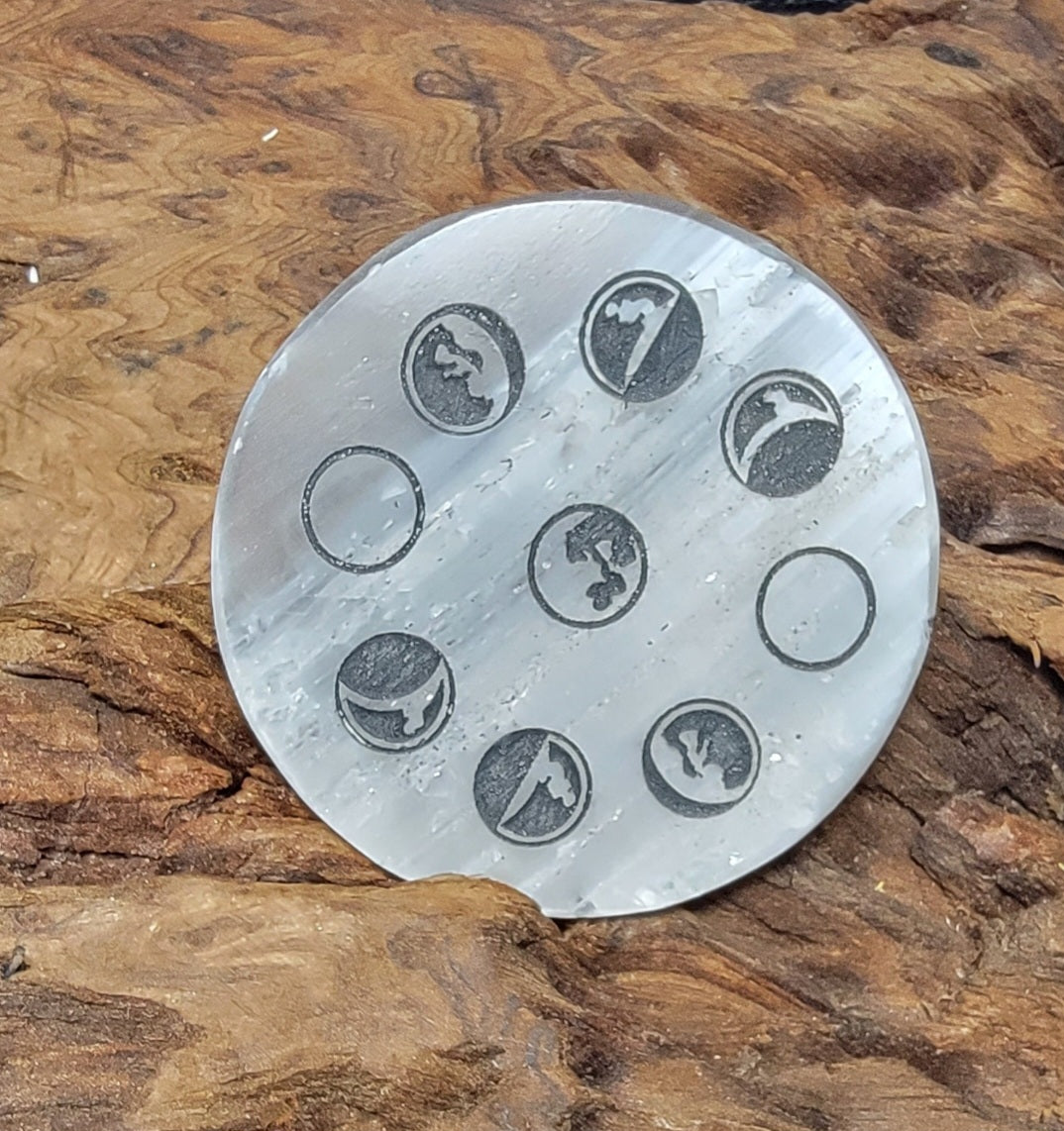 Moon Phase Selenite Charging Plate, Moon Phase Selenite Plate, Moon Selenite Plate, Moon Phase Engraved Selenite,