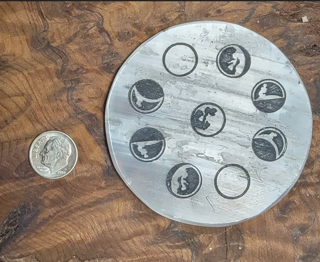 Moon Phase Selenite Charging Plate, Moon Phase Selenite Plate, Moon Selenite Plate, Moon Phase Engraved Selenite,