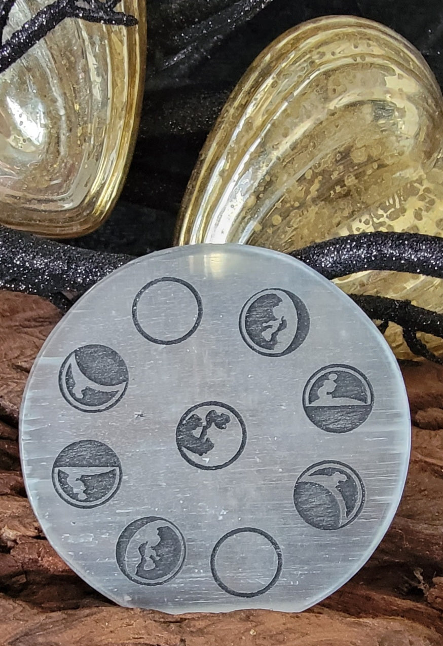 Moon Phase Selenite Charging Plate, Moon Phase Selenite Plate, Moon Selenite Plate, Moon Phase Engraved Selenite,