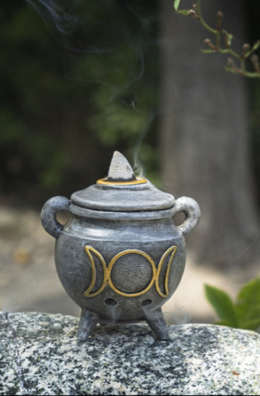 Triple Moon Cauldron Backflow Cone Incense Burner