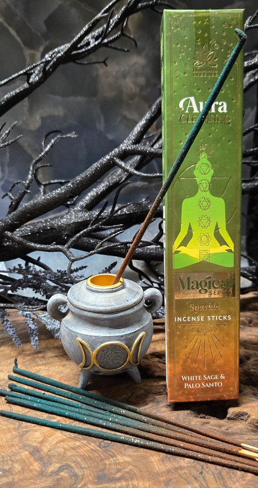 Aura Cleansing Incense Sticks – White Sage and Palo Santo Scented Green and Brown with Golden Glitter