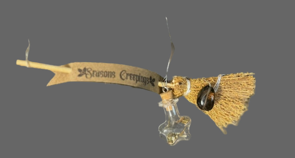 Besom Ornament Season's Creeping's Protection spelled Broom ornament