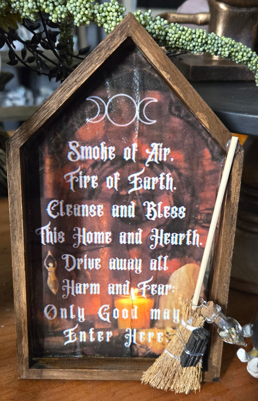 Home Blessings Wooden Sign with Mini Broom & Protection Spell Bottle – Witchy Home Decor for Cleansing & Positive Energy