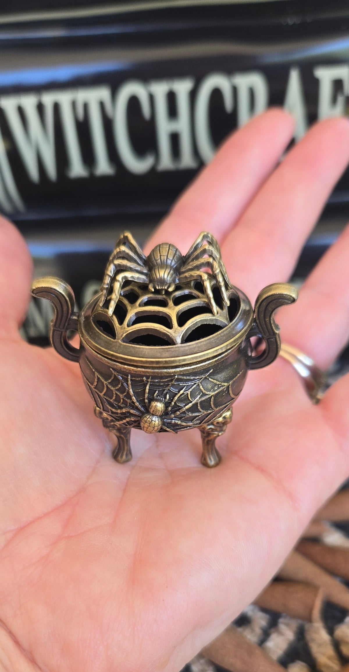 Spider adorned metal Cauldron Cone Incense Burner | Gothic Witchy Decor